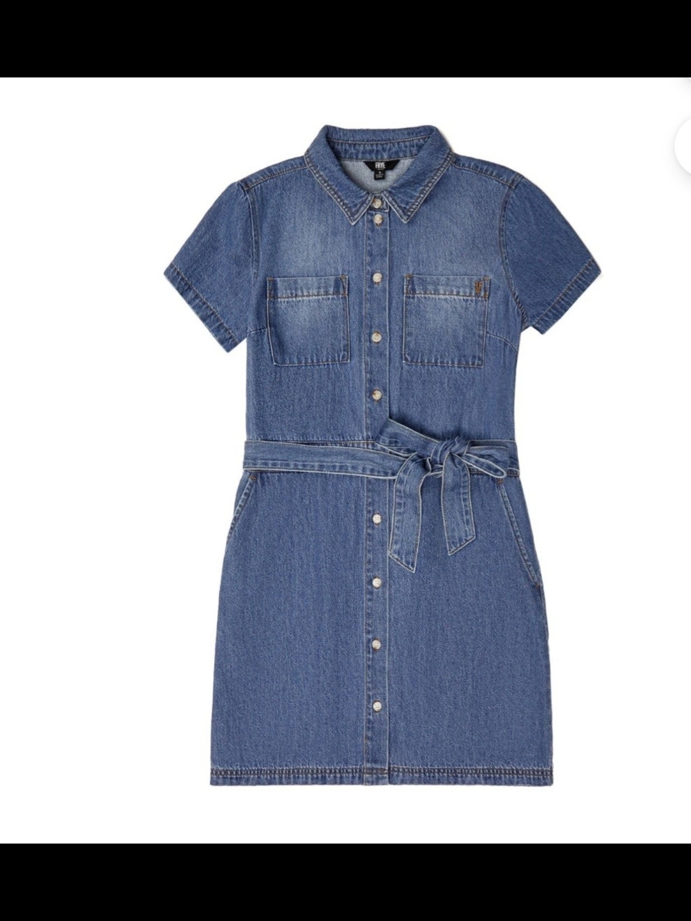 Frye Blue Denim Short-Sleeve Shirt Dress with Tie Waist